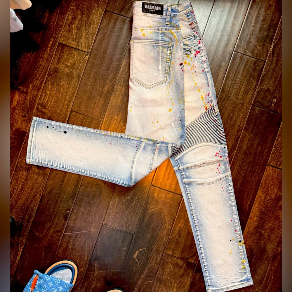 BALMAIN Light Wash Denim Biker Jeans - customized